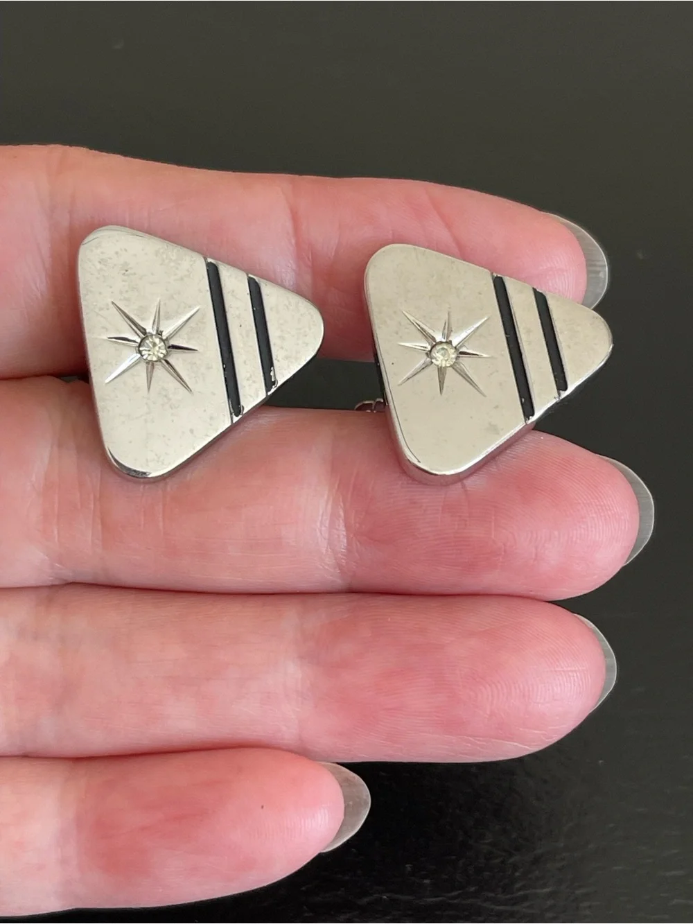Vintage silver tone Star Accent Triangle Cufflinks.